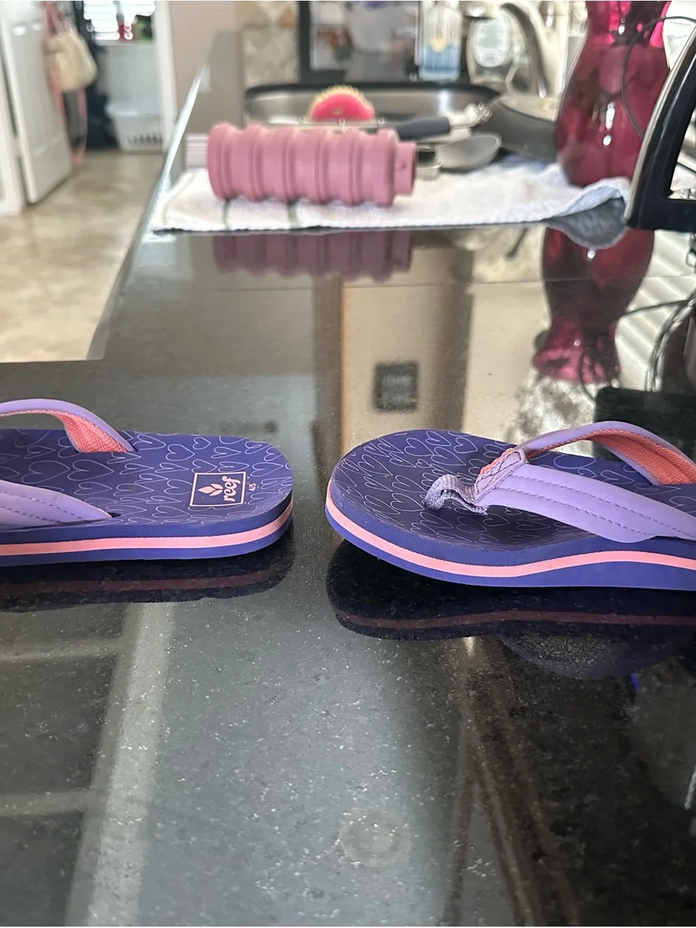 Reef Kids Purple and Pink Heart Print Flip Flops